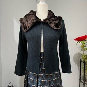 NEW Nine West Vintage Wool Faux Fur Ribbed Swing Cardigan Sweater Jacket S NWOT